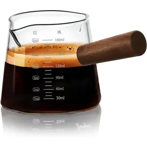 6 oz Glass Measuring Cup with Double Spouts,Borosilicate Espresso Shot Glasses with Wooden Handle,Claer Measuring Triple Milk Frothing Pitcher for Coffee