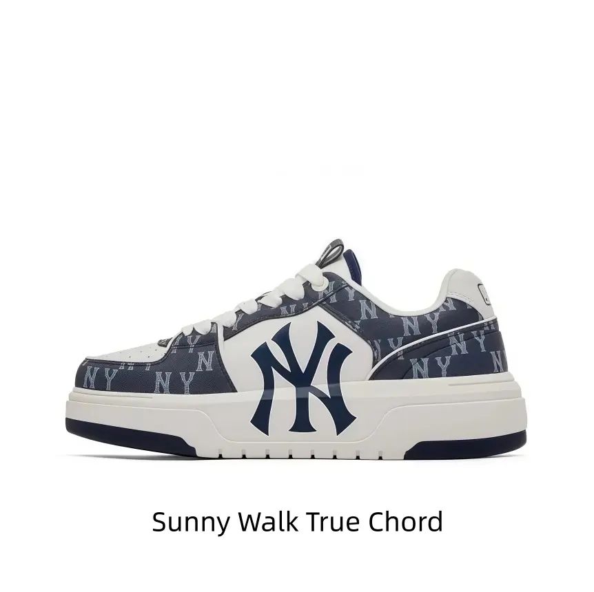 Cream White Smooth Leather Platform Skate Sneakers With All-over Dark Navy Monogram Print And Large Side Graphic Logo For Preppy Streetwear Outfit Matching And City Casual Daily Errands