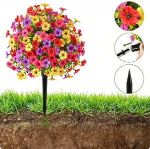 Artificial Hanging Flower Ball for Outdoor Garden Decor, UV Resistant Faux Flower Topiary Ball with Ground Stake, Colorful Artificial Flowers for Patio Porch Yard Lawn Wedding Spring Summer Decoration, Easy Install Outdoor Plant Ornament