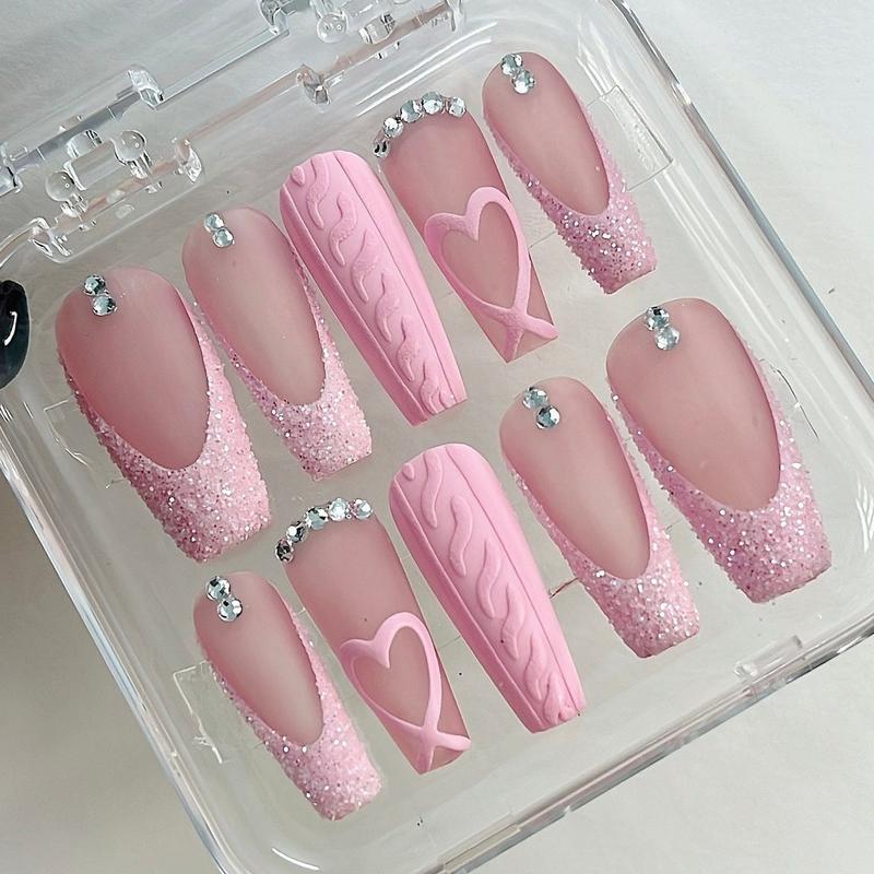 Pink French Tip with Heart Extra Long Coffin Press On Nails, Luxury Fake Nails, False Nails, Glue On Nails