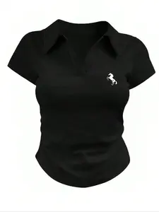 Women's Slim Fit Polo Neck Short Sleeve T-Shirt, Minimalist Horse Logo Design, Casual Summer Top, Fitted Style, Moderate Fabric Thickness