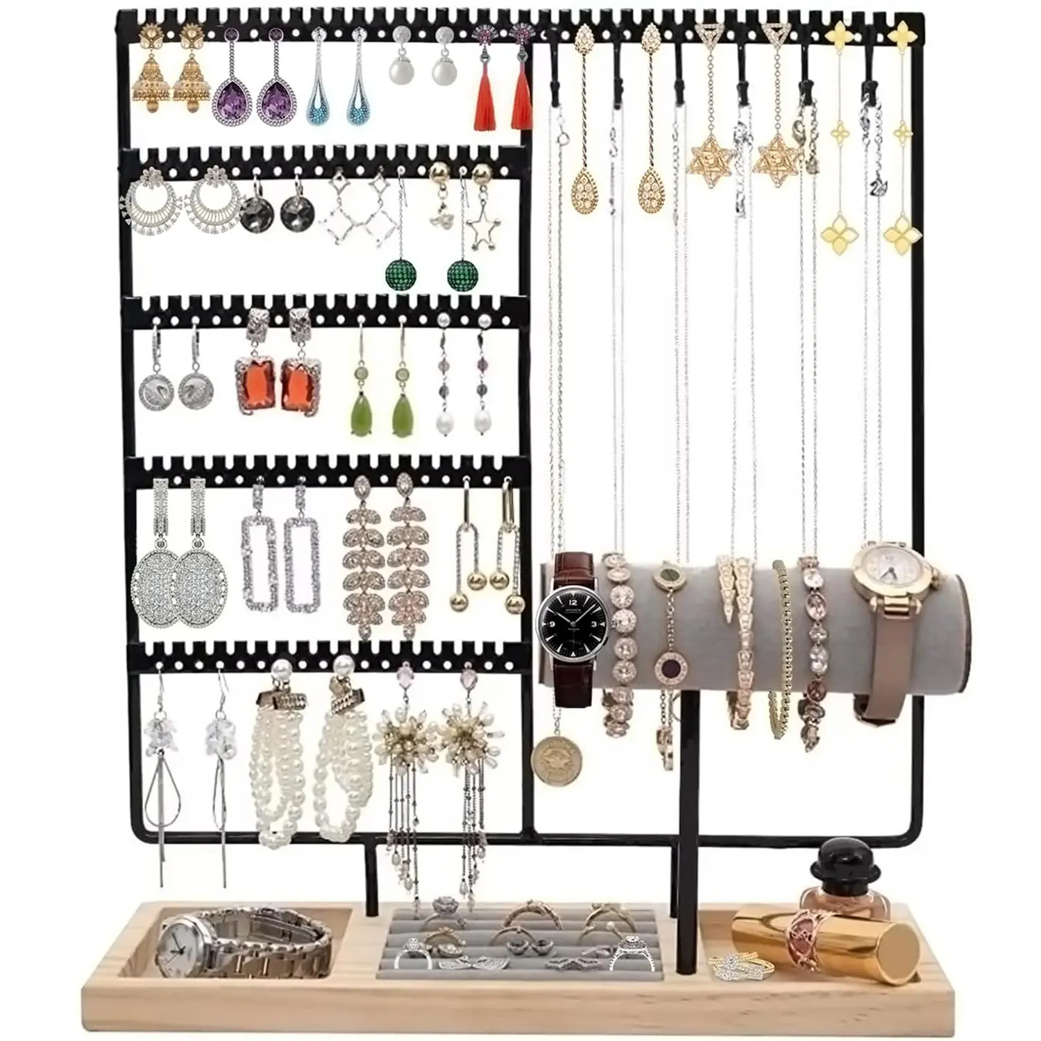 5-Tier Multifunctional Jewelry Organizer Tower with Wooden Base & Metal Insert, Earring Holder (108 Holes/54 Pairs), 12 Accessory Hooks, Divided Compartments for Rings, Bracelets, Watches, Ideal Festival Gift for Girls, Friend, Home Storage Holder