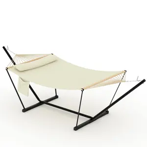 Beige Double Hammock with Stand for Outdoor, Heavy Duty Portable 2 Person Hammock with Adjustable Steel Stand for Patio, Garden, Beach, Backyard