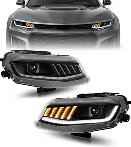 HECASA Projector Headlight Pair w/LED Sequential Turn Signal Compatible with 16-18 Chevy Chevrolet Camaro 19-22 Chevy Camaro ZL1 Replacement for GM2502423 GM2503423 DRL Clear Lens Black Housing