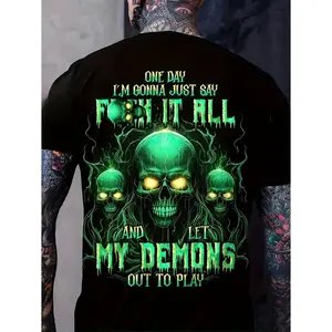 Men'S 3Dskullpattern T-Shirt, Eye-Catching "Letmydemonplay" Print - Black And Fluorescent Green Retro Street Style Short Sleeve Top, Plus Size Regular Fit, All-Season Comfortable Stretch Fabric, Casual Wear, Fashi, Christmasplussize T-Shirts