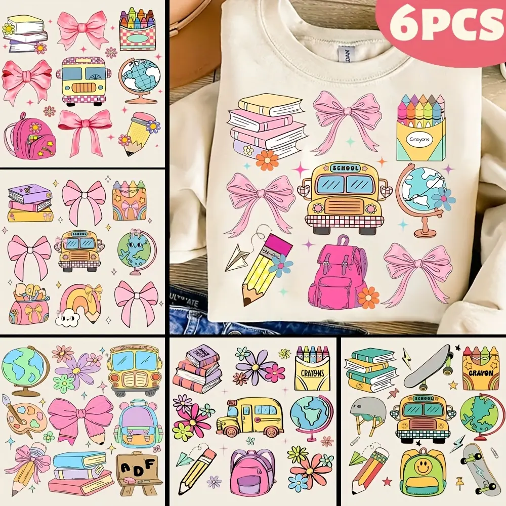 6pcs/set Bohemian Style Teacher Stickers - Back to School Washable Iron-On Heat Transfer Decals for DIY T-Shirts, Bags & Luggage - Fun Aesthetic Teacher Appreciation Gift with Pencils, Books & School Bus Designs, Gift for Teacher, Crafts