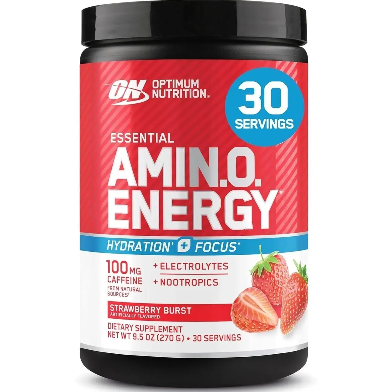Optimum Nutrition Amino Energy Powder Plus Focus, Juicy Strawberry, 9.5 Oz