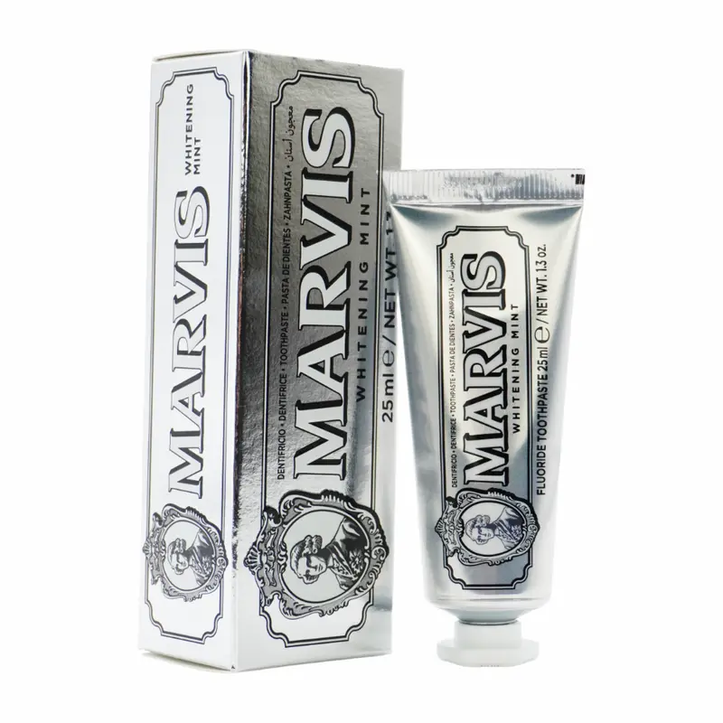 Marvis Whitening Refreshing Mint Toothpaste, 0.8oz (25ml) Gentle Oral Care with Fluoride Boost, Anti-Plaque, Prevents Cavities, Brightens Teeth, 12-Month Storage, Ideal for Daily Use for Fresh Breath