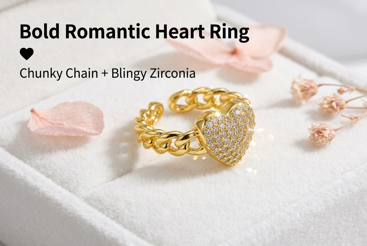 Exquisite Micro Paved CZ Heart Ring, Gold Plated Non Tarnish Adjustable Open Ring, Elegant Statement Ring for Dating & Daily Wear