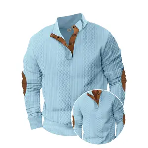 Men's Casual Stand Collar Long Sleeve Knit Sweater - Light Blue with Brown Button Detail, Ribbed Cuffs, Machine Washable, Spring/Fall Outdoor & Casual Attire, Sweater Tunic, Textured Jacquard Pattern