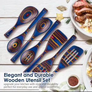 Wooden Spoons for Cooking, 7 Pcs Pakkawood Wooden Kitchen Cooking Spoon Utensil Tools Set Includes Spatula Corner Spoon Rice Paddle Friendly to Non-Stick Cookware