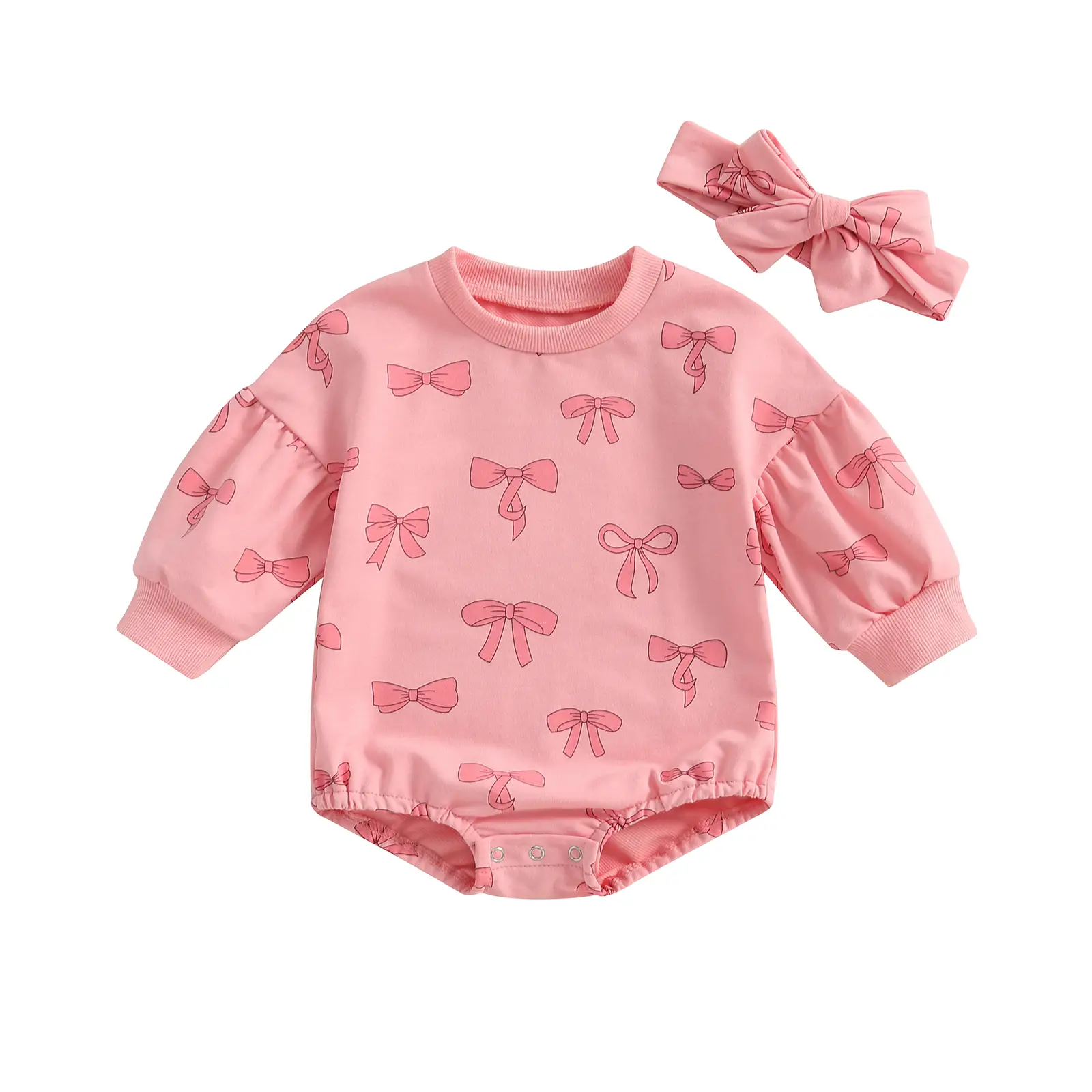 Baby Girl Boy Bubble Romper Bowknot Print Long Sleeve Jumpsuit Floral Print Onesie Bodysuit Fall Winter Warm Sweater Tops