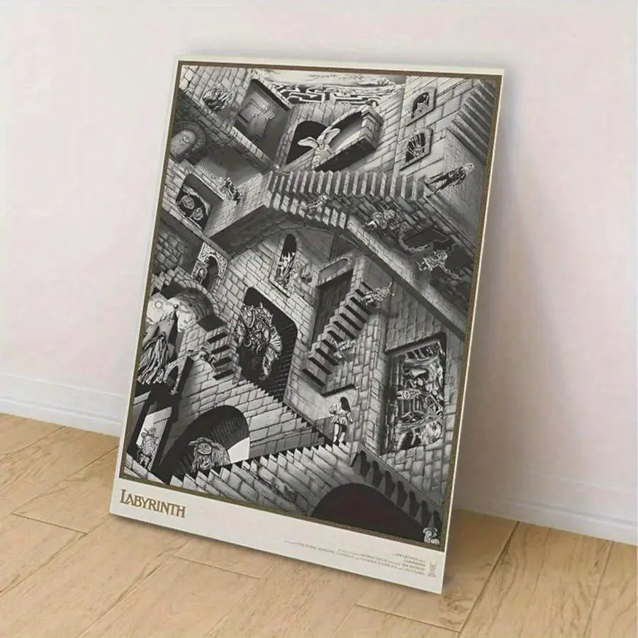Escher-Style Labyrinth Optical Illusion Canvas Poster - Artistic Framed/Unframed Wood Hanging Artwork, Vintage Fantasy Movie Home Decor for Living Room, Office Geek Decoration