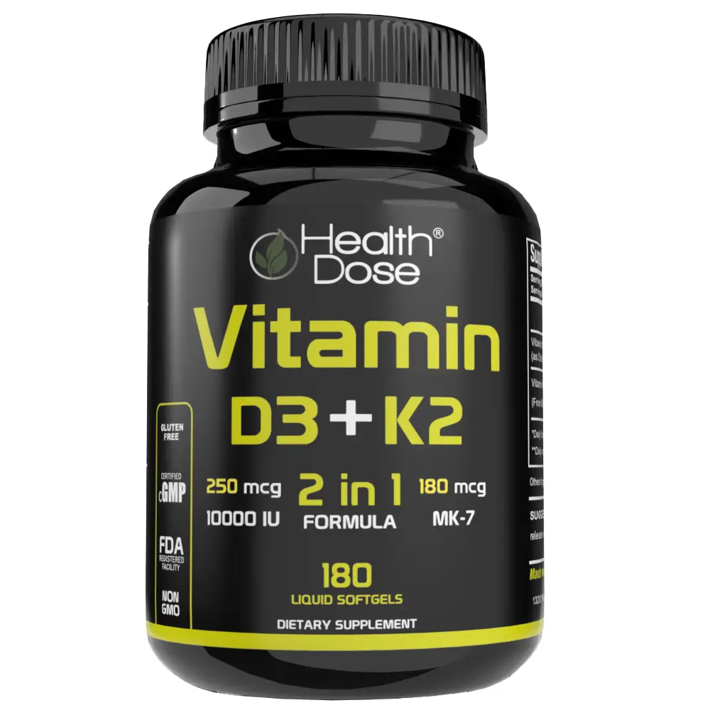Health Dose Vitamin D3+K2 MK7 180 Liquid Softgels Supports Bone Health Immune Function, Overall Wellness, Supplements for Men & Women, Made with Care.
