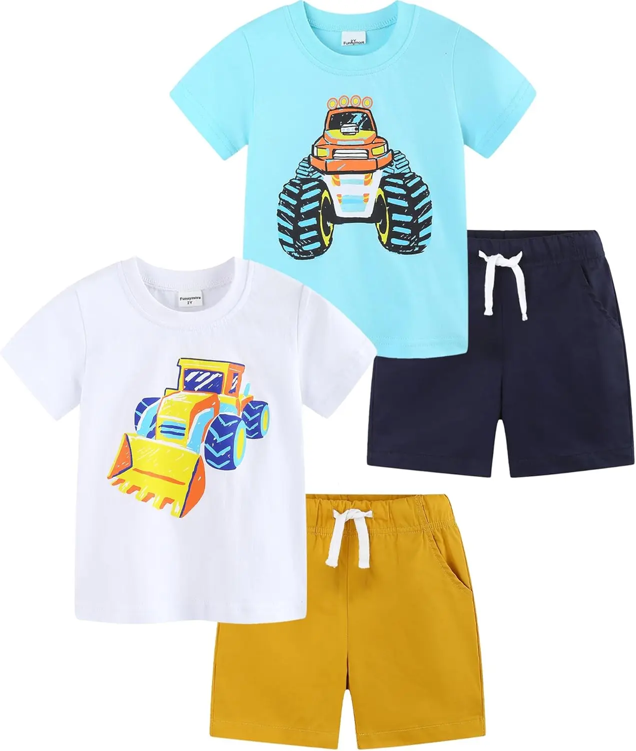 Boys Clothes Outfits Summer Spring Little Kids Monster Truck Cotton 4 Piece Short Sleeve T Shirts and Shorts Clothing Set 2-7T