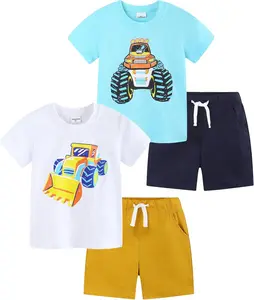 Boys Clothes Outfits Summer Spring Little Kids Monster Truck Cotton 4 Piece Short Sleeve T Shirts and Shorts Clothing Set 2-7T