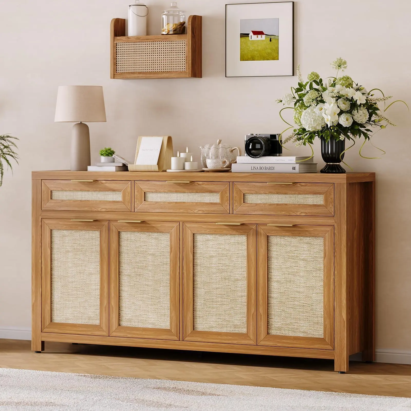 GARVEE Farmhouse Rattan Sideboard Buffet Cabinet – 63" with 3 Drawers, 4 Doors, Adjustable Shelves – Deep Oak Storage Credenza for Dining Room, Kitchen, Entryway – Dark Oak