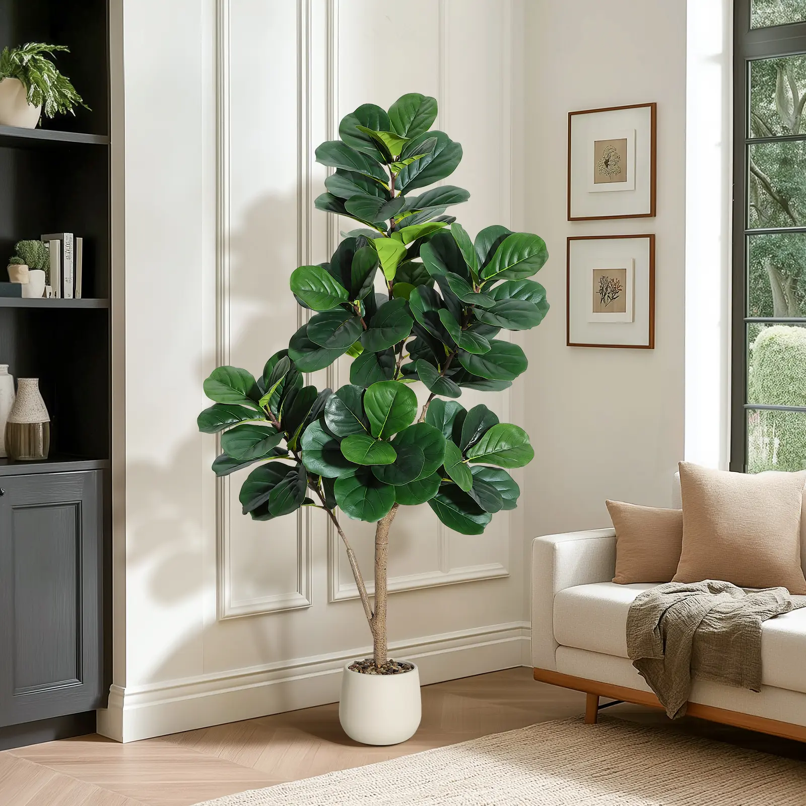 5FT Artificial Fiddle Leaf Fig Tree - 77-Leaf Realistic Faux Ficus Lyrata with 7.8" White Planter Pot, Indoor Fake Floor Plant for Home Office Decor, Housewarming Gift, Artificial Faux Greenery, Minimalist, Decorative, Pvc, Reinforced Stems