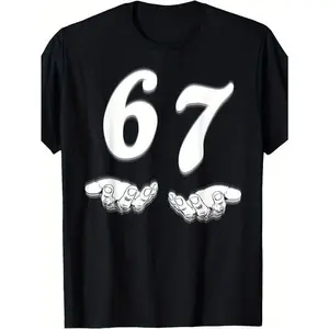 Funny 67 Meme T-Shirt for & - 67 Number Joke Design with 6 & 7 Hands Print, 100% Cotton Soft Crew Neck Tee,  Casual Gift Idea for Birthdays, Parties & Casual Attire (Black) Menswear Tops Breathable Tshirt