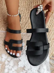 Women's Summer Casual Fashion Sandals, Open Toe Sandal, Large Size Flat Sole Slippers, Textile Upper, Rubber Sole, Plain Pattern, Less Than Ankle Height