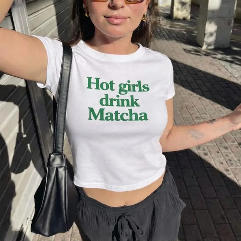Hot Girls Drink Matcha Baby Tee, Trendy Matcha Lover Graphic, Cute Y2K Green Tea Tee