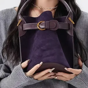 Women's Deep Purple Bucket Bag with Golden-Tone Hardware - Versatile Handheld & Shoulder Crossbody Bag for Casual & Formal Occasions, Durable Polyester Lining & Open-Top Design, Crossbody Bag,