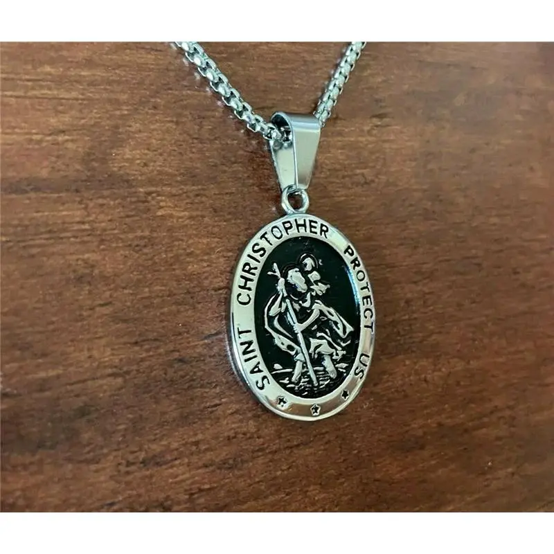 DEZILOO Mens Saint St Christopher Medal Pendant Necklace Stainless Steel Amulet