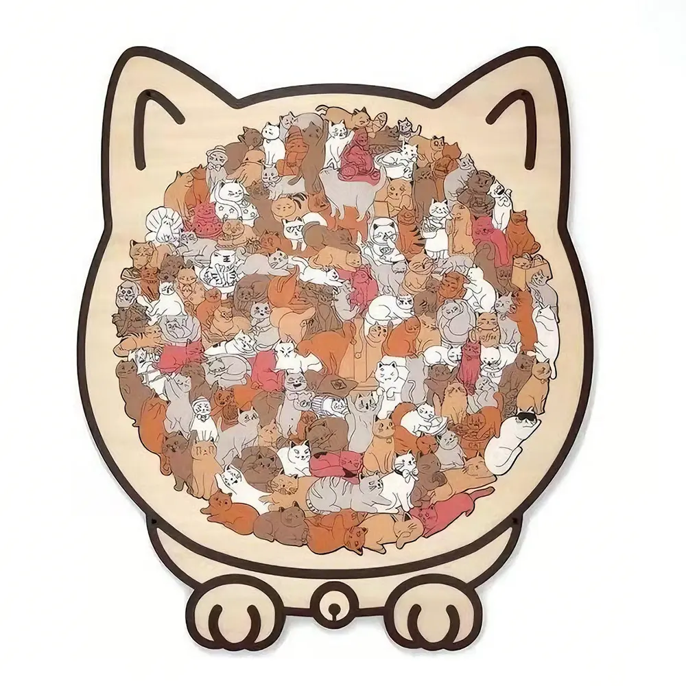Exquisite 135-Piece Cat-Shaped Wooden Puzzle Desktop Decoration Maillard Border Retro Healing Atmosphere Stress Relief Toy Gift for Cat Lovers