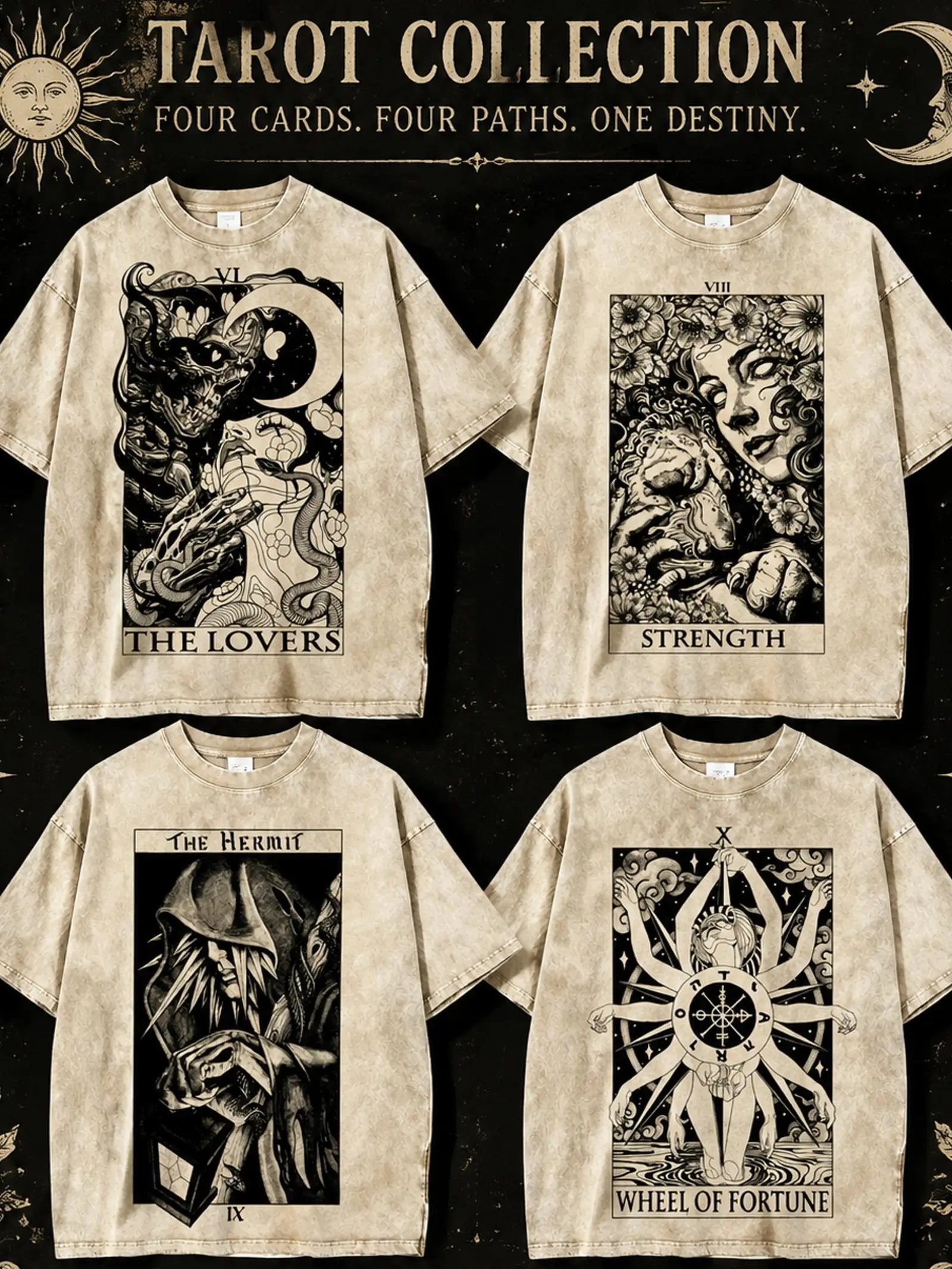 [BT] Unisex Cotton Round Neck Shortsleeve Tarot Card Game T-Shirt - 8 Designs, The Lover Graphic Art, Vintage Washed Black, Retro Distressed, Relaxed Fit, Soft, Classic, Oversized Streetwear Top (Cold Wash Recommended)