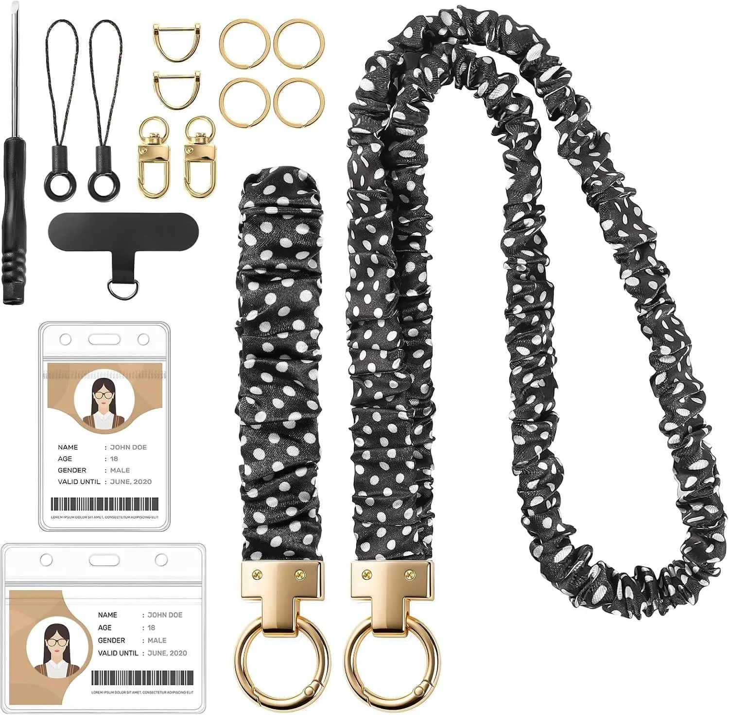 Scrunchie Lanyard with Id Holder and Wristlet Keychain, Black White | Stretchy Satin Fabric, Includes Vertical/Horizontal Badge Holders, Soft For Daily Wear, For Teachers Office Travel