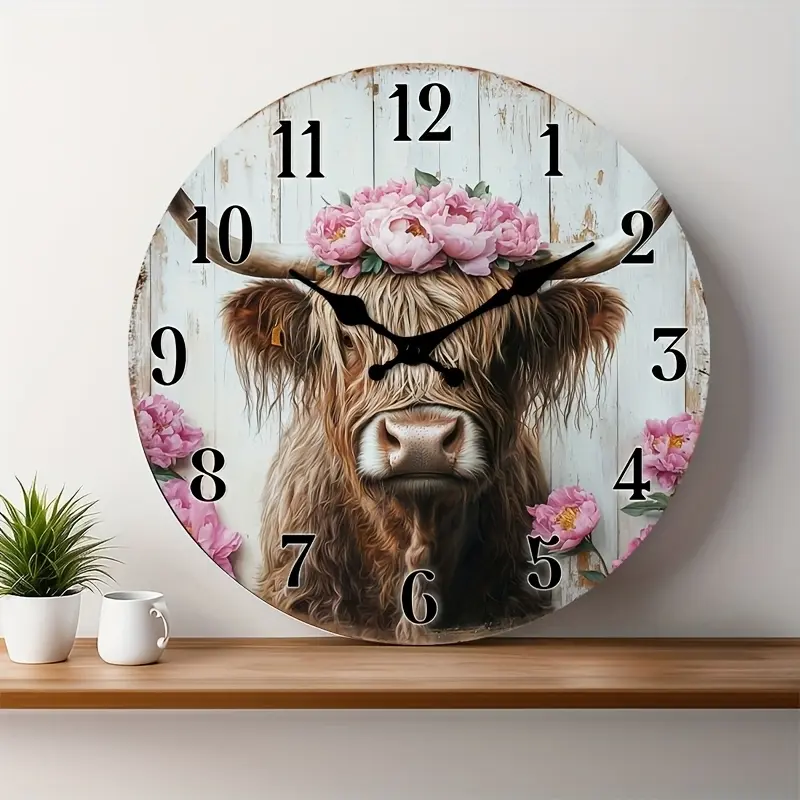 A silent farmhouse wall clock, featuring a Highland cow circular design, adorned with a wreath, suitable for the entryway, living room, bedroom, dining room, and workspace, Wall Art Clock