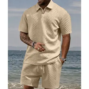 Men' s Solid Polo Shirt& Drawstring Waist Shorts Set, Cozy Breathable Two- piece Outfits for Daily Outdoor Wear, Men Clothes for summer. Menswear Suits Top Gamis Tropical Beige Plain Gamis Tropical Beige Plain Gamis Tropical Beige Plain