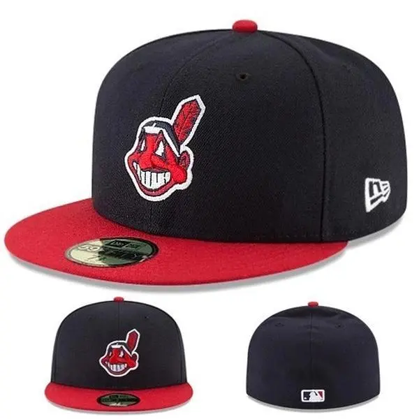 New Era Cleveland Guardians Chief Wahoo Fitted Cap 59FIFTY Navy Red Flat Bill Baseball Hat for Men Women