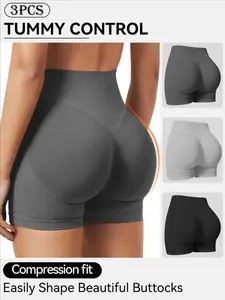 Women's High Waist Yoga Shorts Set, Athletic Lounge Shorts, 3-Piece Slim Fit Sports Wear, Elastic Comfortable Seamless Shaping Pants, Spring Summer Fashion