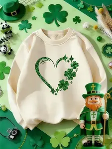 Girls' Fashion Round Neck Sweatshirt, Soft Comfortable Lining, Cute Printed Casual Top, Graphic Print Sweater, St Patrick's Day, Cute Sweatshirts
