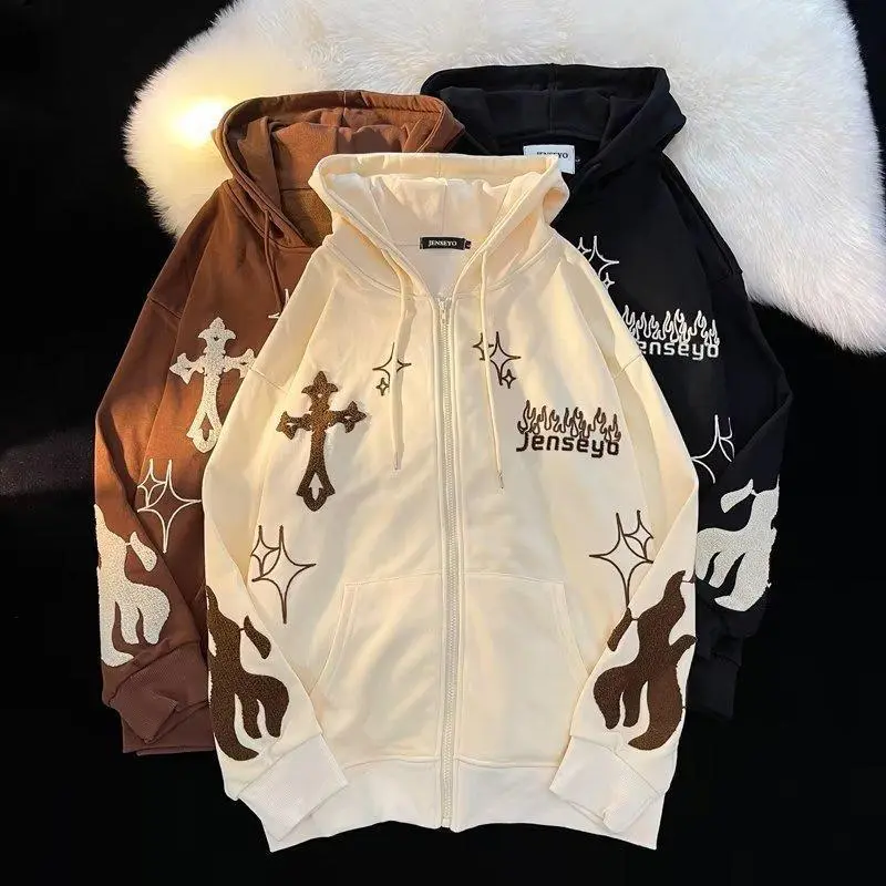 Mens Streetwear Cross Embroidery Zip Up Cardigan Hoodies Y2K Vintage Skeleton Spider Hoodie Men Oversize Black Hooded Sweatshirt