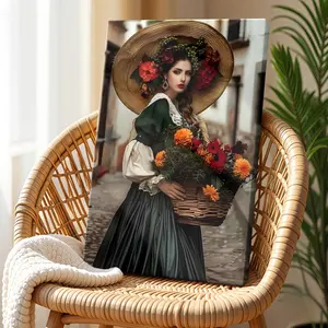 Wooden Framed Wall Art Decor Posters, Wrapped Canvas Prints Poster, Vintage Mexican Style Wall Art, Traditional Flower Girl Canvas Print, Home Living Room Bedroom Ofice, Birthday Party, Hanging Hardware Included - Framed, Decoration Decorating Design