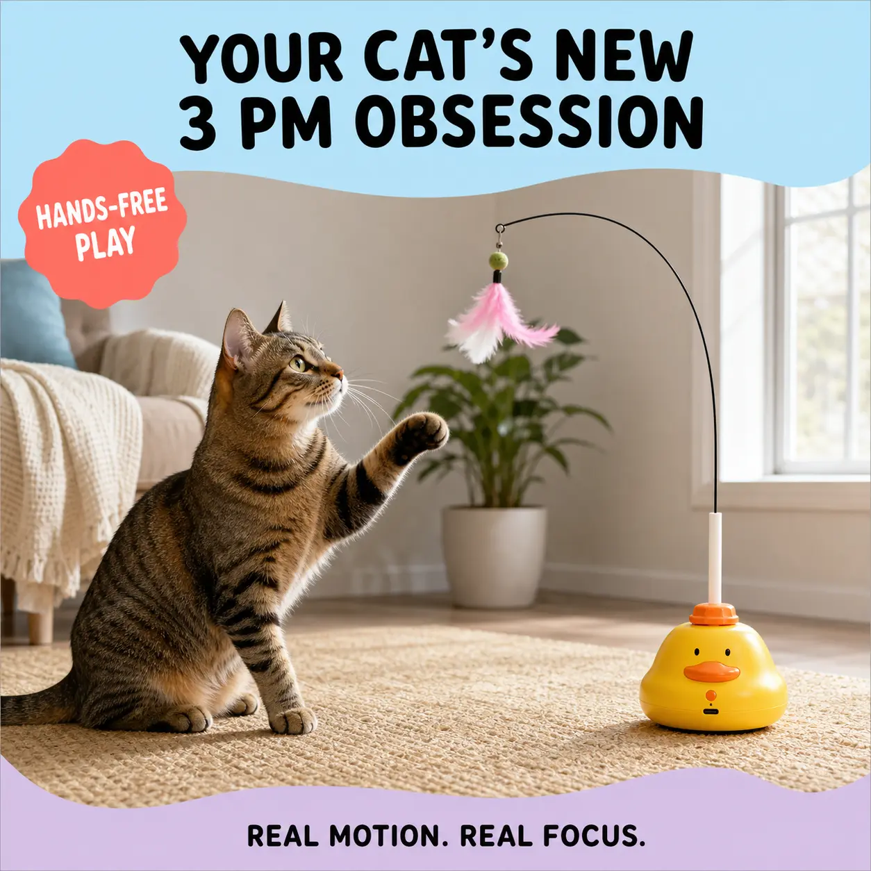 OmniPets Automatic Cat Toy For Indoor Cats 360 Rotating Feather Wand With Bird Chirping Sound USB C Rechargeable Washable Reusable Grip Base 3 Replaceable Lures For Bored Kittens Apartment Cats And Busy Pet Parents