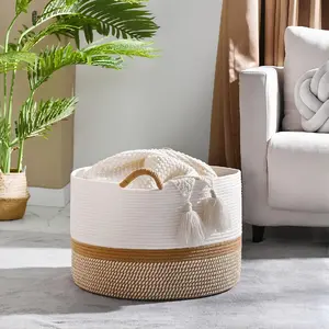Large Cotton Rope Basket 85L, 20"x13" with Handles – Gradient Yellow Woven Storage for Laundry, Room Organiser and Baby Toy Storage Basket Use Decorative