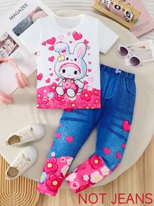 Girls' Clothing Set, 2-Piece Casual Outfit Set Cute Cartoon Cat Floral + Faux Denim Print Elastic Pants, Soft Comfortable Fabric, Perfect Gift for Little Princesses, Vintage Girly Clothes, Casual Fashion Set