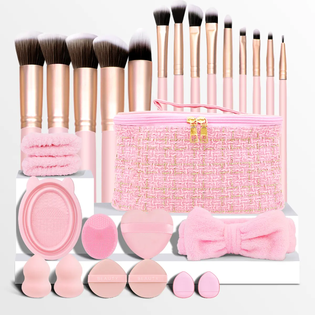 27-Piece Makeup Brush Set, Includes Brushes, Cleaning Pad, Foundation Puff, Heart-Shaped Sponge, Face Cleansing Brush, Perfect Christmas Gift, Makeup Brush Kit