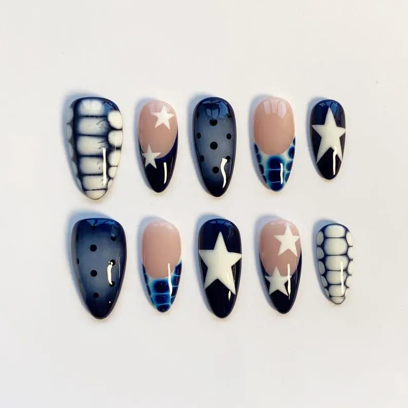 Blue Polka dot nails/Croc nails/Star nails/Blue press on nails Long almond/Aura Nails/Cute Kawaii Nails/Y2k Birthday Nails