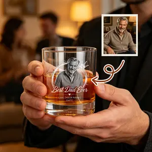 Father's Day Custom Photo Whiskey Glass 12oz | 4 Designs to Choose | Personalized Name & Date | Engraved Rocks Glass Birthday Gift for Dad + Wooden Box