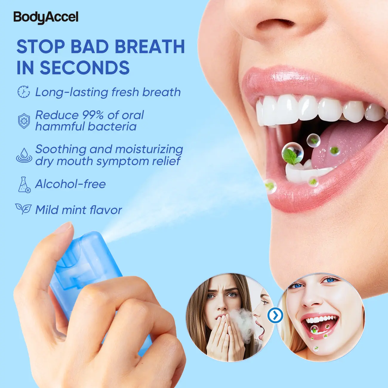 【BodyAccel】 Probiotic Oral Spray | 20ml Breath Freshener for Long-Lasting Freshness & Oral Care | Portable & Sugar-Free #springtok Cleanser Cleansing