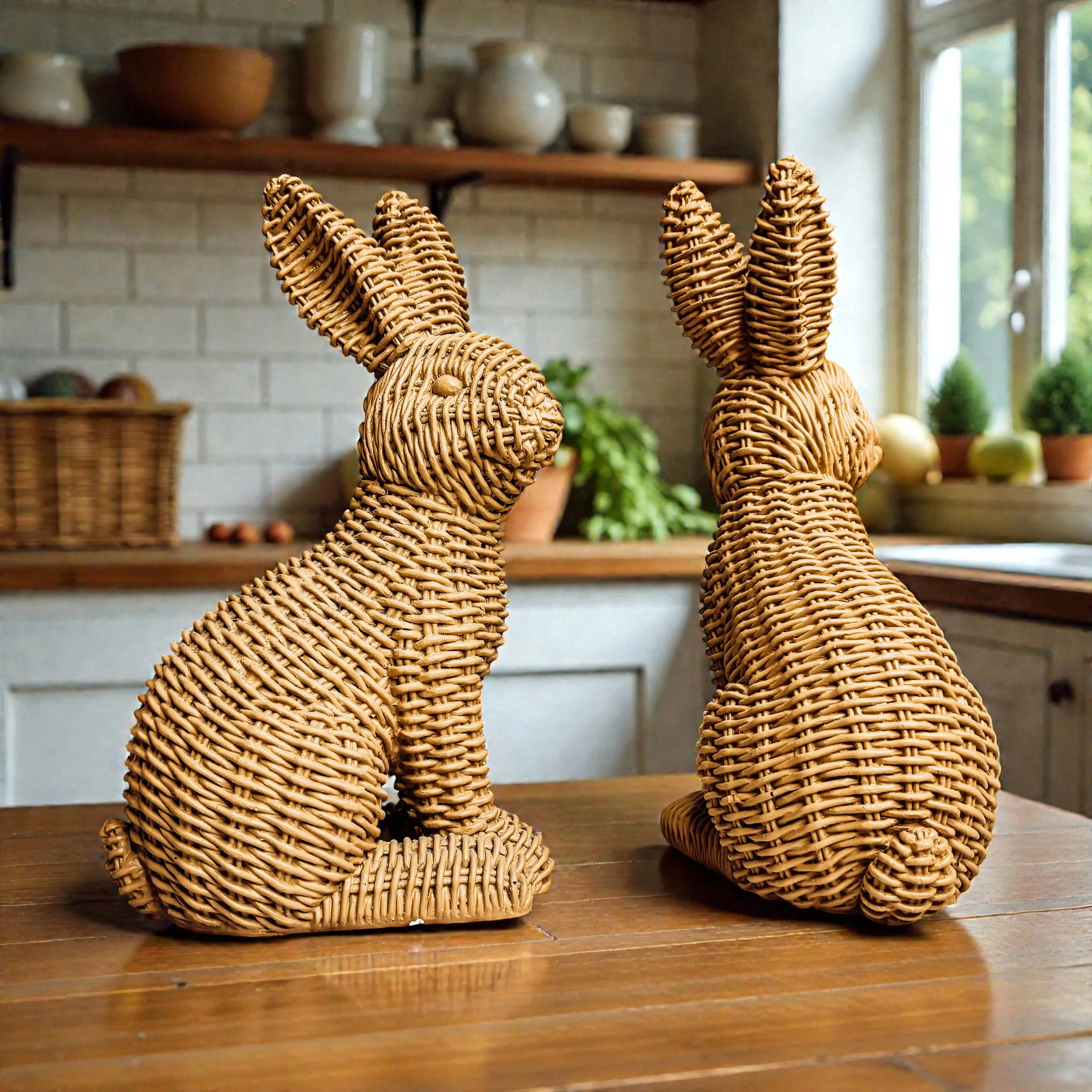 Gia Roma - Rabbit Statue Wicker Weave Bunnies, Easter Bunny Home Decor
