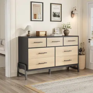 7-Drawer MDF Wood Dresser, 52 in Wide Storage Chest with Spacious Drawers, Freestanding Organizer with Country Charm, Stability Legs for Bedroom, Living Room