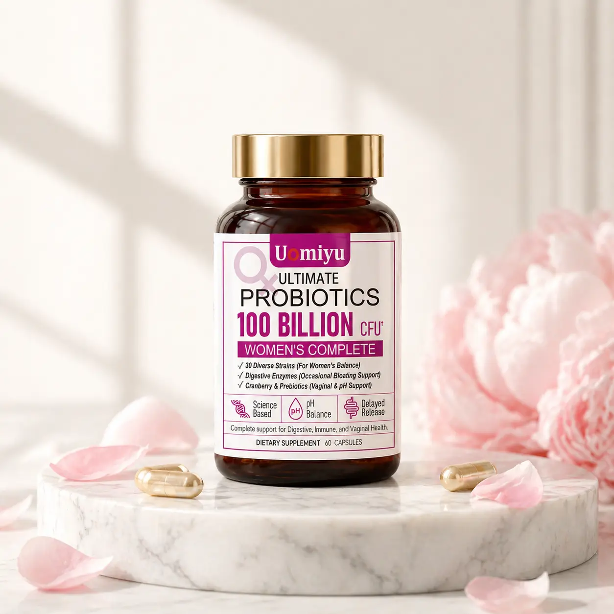 100B CFU Women's Probiotics,BV Support pH Balance & Gut Health Supplement with Prebiotics,Odor Control  (60 Capsules) Bloating Relief