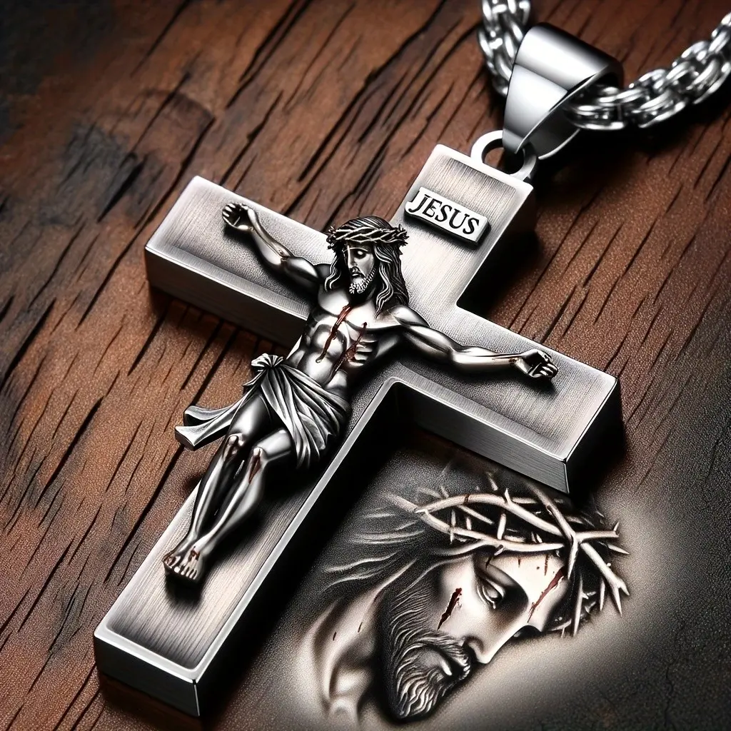 Men'S Religious Necklace - Cross Pendant with Crown of Thorns, Christian Jewelry Gift for Christmas, Easter, Birthdays - Suitable for Daily And Formal Occasions, Durable Cross, Vintage Style