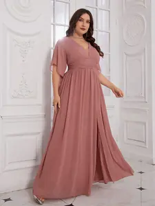 Plus Size V Neck Ruched Flare Sleeve Waist Cinched A-Line Chiffon Bridesmaid Dress, Elegant Party Gown for Women