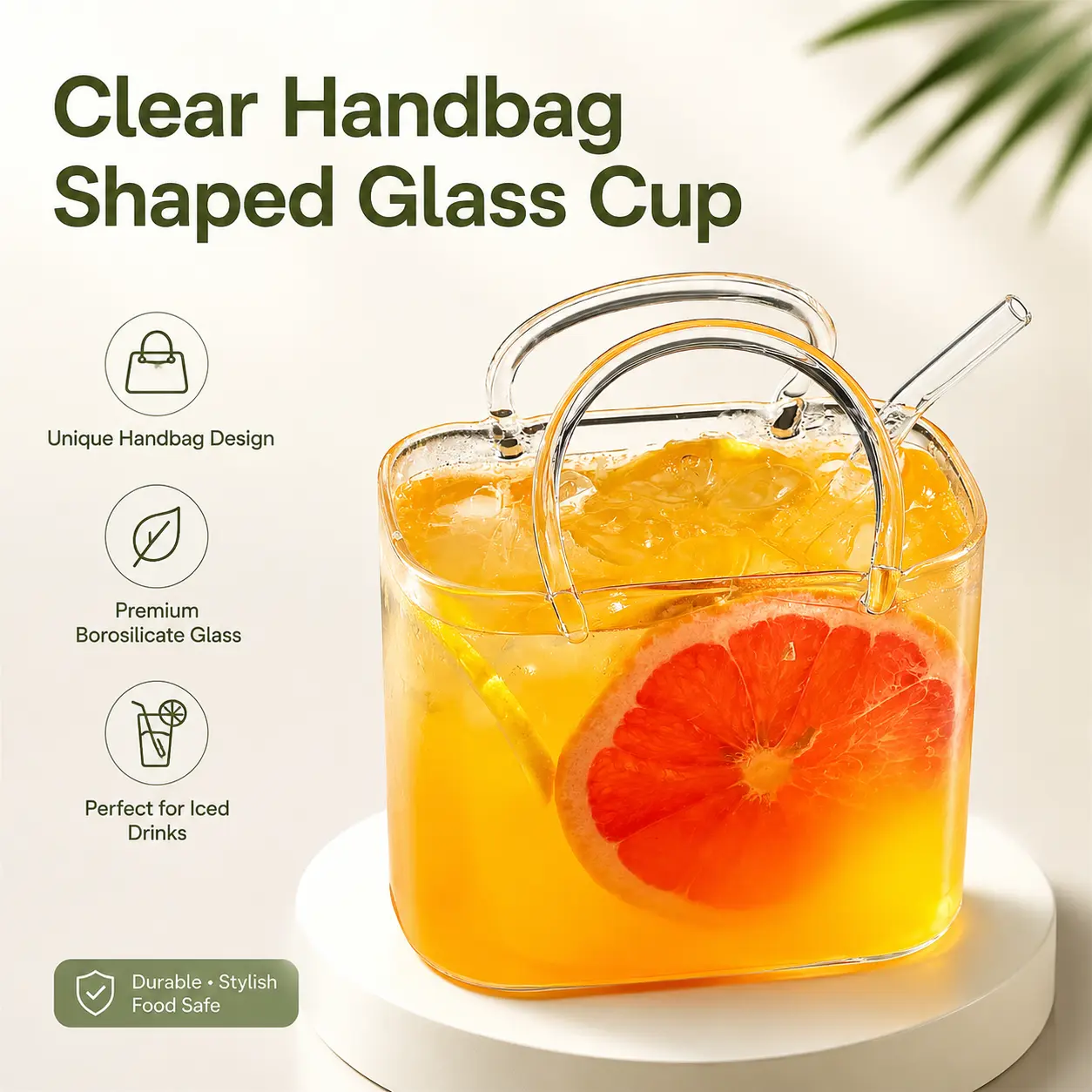 Multi-Color Transparent Purse-Shaped Tumbler with Matching Straw - Home Supplies Glassware for Juice, Tea, Wine, Wedding Party Photo Decor & Flower Vase Accessory, Tumblers, 750Ml, Purse Form